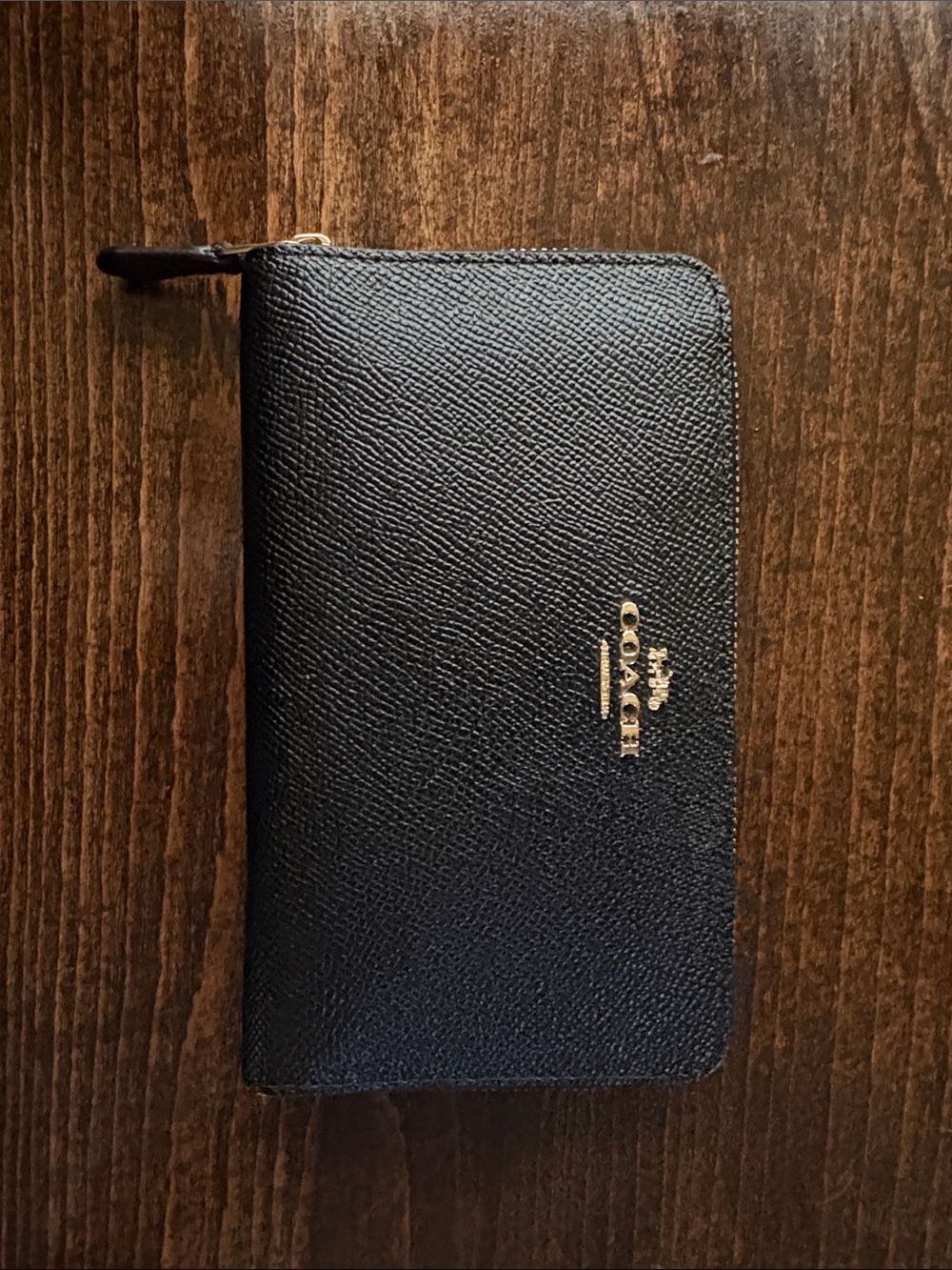 Coach Black Leather Zip-Around Card Holder with Gold Logo